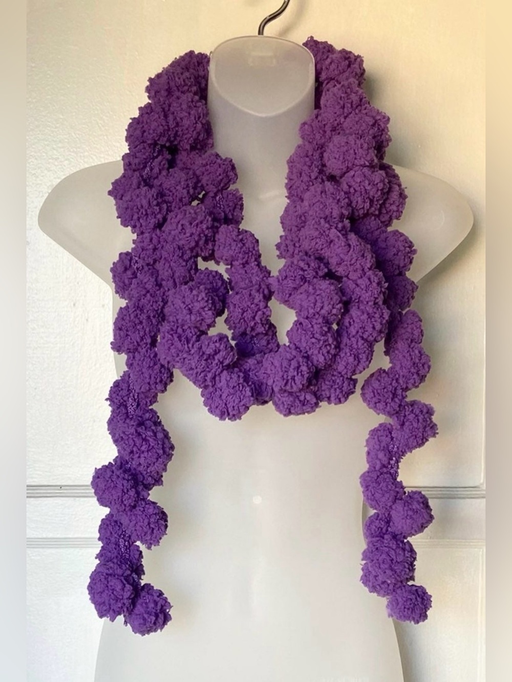 Handmade Crochet Pom Pom Scarf Purple – Soft Cozy Fall Winter Accessory